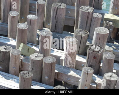 Pressione di legno trattati pilastri di Staten Island Ferry docks Foto Stock