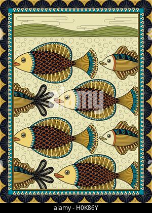 Elegante colorazione per adulti pagina, delizioso pesce nuotare con cornice decorativa Illustrazione Vettoriale