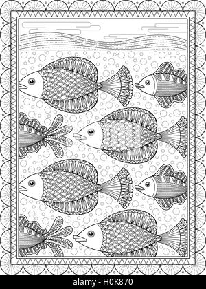Elegante colorazione per adulti pagina, delizioso pesce di nuoto, anti-stress Patten per la colorazione Illustrazione Vettoriale
