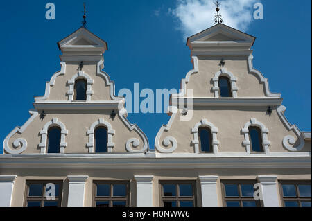 Ripristinato gables di vecchie case di Wismar, Meclemburgo-Pomerania Occidentale, Germania Foto Stock