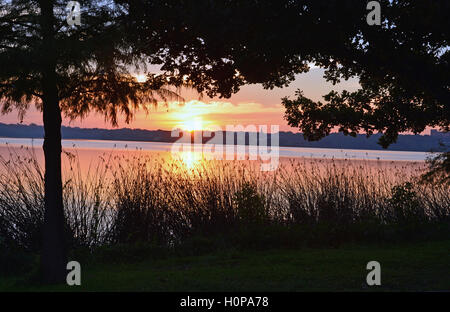 Il sole sorge oltre il White Rock Lake in Dallas Texas. Foto Stock