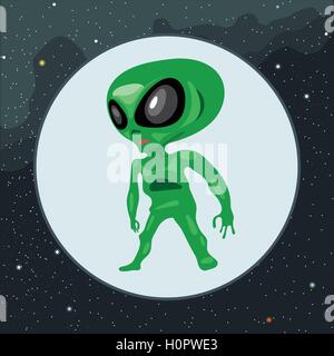 Vettore digitale verde alien scary creatura con grandi occhi, icona su sfondo con stelle, in stile appartamento. Illustrazione Vettoriale