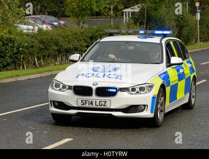 Una polizia Scozia BMW auto blu con le spie lampeggianti Foto Stock