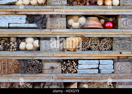 Casa di insetti realizzata utilizzando vecchi pallet in legno per incoraggiare gli insetti (FAUNA) nel giardino. Regno Unito Foto Stock