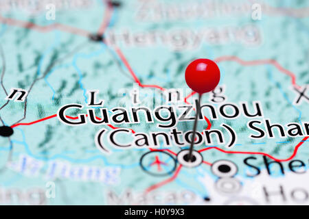 Guangzhou imperniata su una mappa della Cina Foto Stock