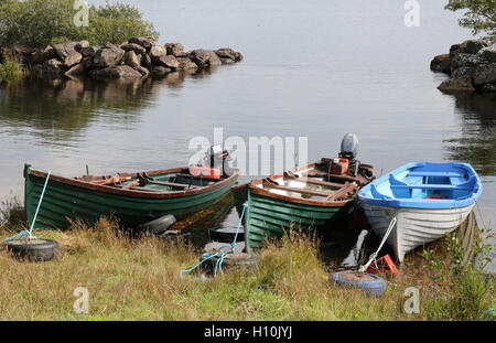 Pesca alla trota marina Irlanda pesca al salmone Irlanda barche da pesca in legno per pescatori sulla riva di Lough Currane, Contea di Kerry, Irlanda. Foto Stock