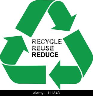 Riciclare il riutilizzo di ridurre il simbolo verde, isolata verde icona di riciclaggio con lettere in nero, accurata illustrazione vettoriale. Illustrazione Vettoriale