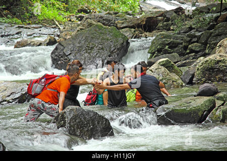 Il trekking si aiutano a vicenda per attraversare le rapide durante il trekking lungo il fiume Salaulim in Netravali in Goa, durante la stagione dei monsoni. Foto Stock