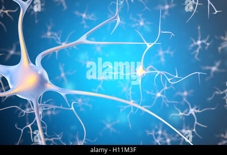 I neuroni nel cervello con effetto di messa a fuoco. Il rendering 3D Foto Stock