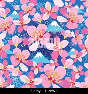Seamless motivo floreale di fiori di ciliegio su uno sfondo blu Illustrazione Vettoriale