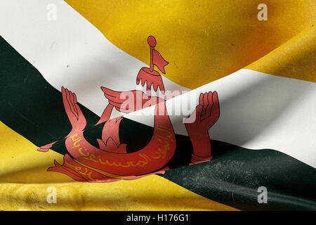 3D rendering di una vecchia nazione del Brunei bandiera sventola Foto Stock