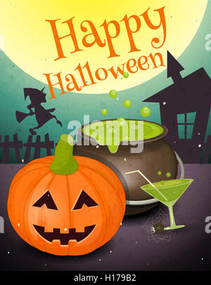 Scheda di Halloween in stile retrò Poster - zucca verde e la pozione nella notte. Design vintage. Illustrazione. Foto Stock