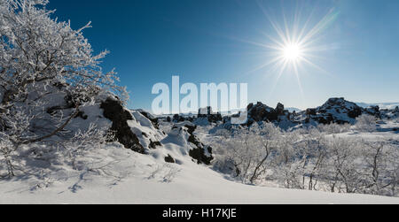 Sole, paesaggio innevato, campo di lava coperto di neve, Krafla sistema vulcanico, Dimmuborgir Parco Nazionale, Mývatn, Islanda Foto Stock