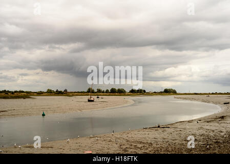 Ormeggiate Barche e yachts a bassa marea sull estuario Maldon Essex in Inghilterra durante un nuvoloso cielo estivo Foto Stock