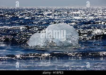 Iceberg lavaggio fino sulla spiaggia di sabbia nera a jokulsarlon Islanda Foto Stock