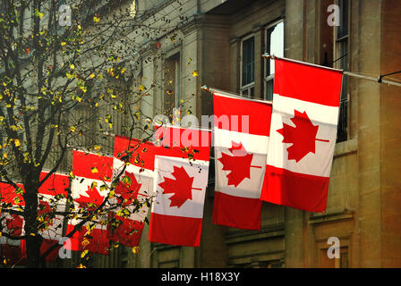 Una fila di bandiere canadesi al di fuori del Canada casa in Trafalgar Square, Londra Foto Stock