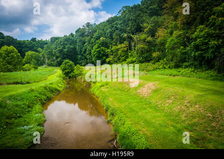 Creek e il campo nelle zone rurali Carroll County, Maryland. Foto Stock