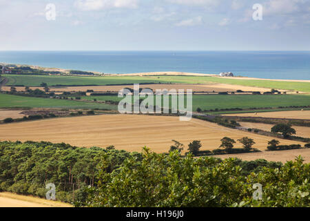 Campagna Norfolk; Vista verso il mare da Sheringham Park, sulla costa nord del Norfolk, Norfolk, Inghilterra Regno Unito Foto Stock