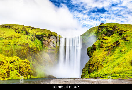 Vista della cascata di Skogafoss sul fiume Skoga - Islanda Foto Stock