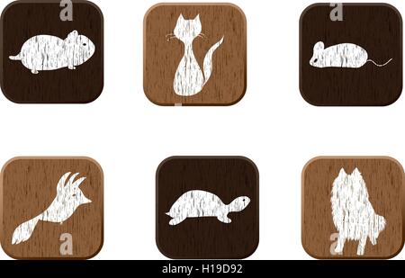 Pet Shop icone di legno insieme con animali domestici silhouette. Illustrazione Vettoriale