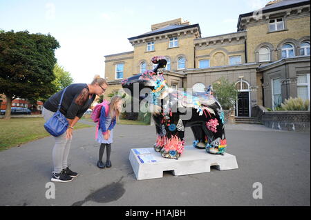 Brighton Regno Unito 23 Settembre 2016 - Max il Snowdog al di fuori di Hove Museum è una delle sculture sul display intorno a Brighton come parte dell'Snowdogs dal Sea Art Trail . Oltre 40 sponsorizzato Snowdogs sarà messo in mostra in giro per la città per i prossimi 2 mesi prima di essere messo all'asta per raccogliere fondi per l'Ospizio Martlets Credito: Simon Dack/Alamy Live News Foto Stock