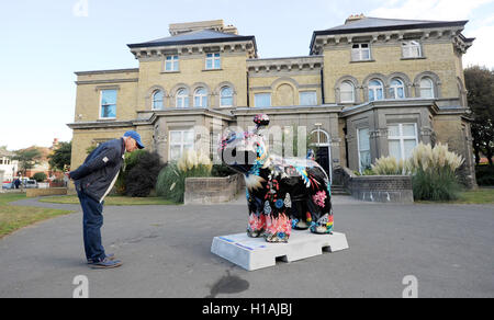 Brighton Regno Unito 23 Settembre 2016 - Max il Snowdog al di fuori di Hove Museum è una delle sculture sul display intorno a Brighton come parte dell'Snowdogs dal Sea Art Trail . Oltre 40 sponsorizzato Snowdogs sarà messo in mostra in giro per la città per i prossimi 2 mesi prima di essere messo all'asta per raccogliere fondi per l'Ospizio Martlets Credito: Simon Dack/Alamy Live News Foto Stock