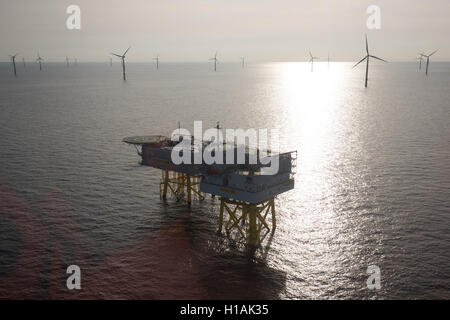 Sylt, Germania. Xxi Sep, 2016. Un trasformatore piattaforma (L) e una piattaforma di alloggio sono visti al vento offshore park DanTysk svedese di società elettrica Vattenfall e la SWM Monaco di Baviera servizi municipali, circa 43 miglia marine ad ovest dell'isola di Sylt, Germania, 21 settembre 2016. Una cinquantina di ingegneri e tecnici live sulla piattaforma di alloggio poiché due settimane. Essi effettuano lavori di manutenzione sul DanTysk e il Sandbank parchi eolici che si trovano nelle vicinanze. Foto: Christian Charisius/dpa/Alamy Live News Foto Stock