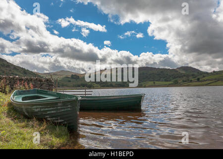 Barche a remi su Watendlath Tarn, Lake District, Cumbria, Inghilterra Foto Stock