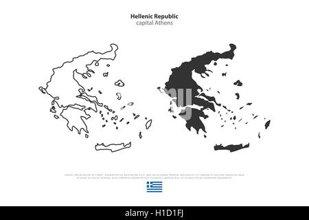 Repubblica ellenica isolato mappe e bandiera ufficiale icone. vettore Grecia mappa politica linea sottile icone. Paese europeo geographi Illustrazione Vettoriale