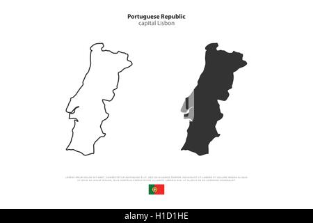 Repubblica portoghese mappa isolato e bandiera ufficiale icona. vettore Portogallo mappe politico illustrazione. Stato europeo travel bann Illustrazione Vettoriale