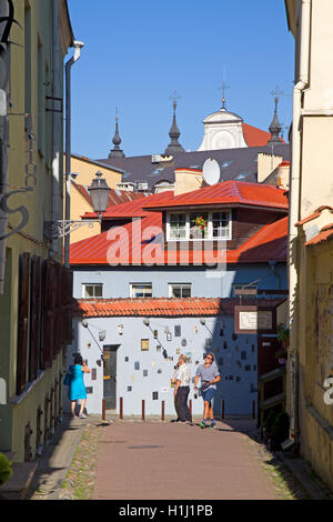 Literatu Street, con le placche di scrittori famosi, nella città vecchia di Vilnius Foto Stock