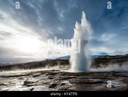 Strokkur geyser che erutta, hot springs, area geotermica nella valle di Haukadalur, Golden Circle, Regione meridionale Islanda Foto Stock