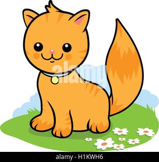 Un simpatico gatto da tavola d'arancia nel giardino seduto sull'erba. Gattino seduto sull'erba all'aperto. Illustrazione vettoriale Illustrazione Vettoriale