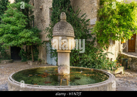 Fontana nel centro della città vecchia di Vaison la Romaine, Cote du Rhone, Drome, Rhone-Alpes, Provenza, Francia Foto Stock