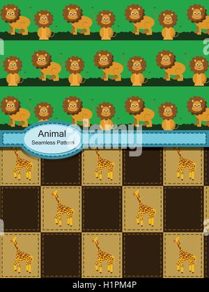 Animali modello senza giunture, leone nella foresta e giraffe in marrone squ Illustrazione Vettoriale