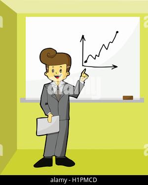 Imprenditore in piedi vicino a una lavagna e puntare alla crescita grafico Illustrazione Vettoriale