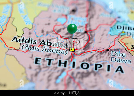 Addis Abeba imperniata su una mappa di Etiopia Foto Stock