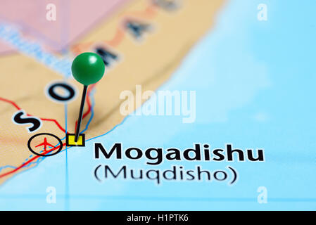 Mogadiscio imperniata su una mappa della Somalia Foto Stock