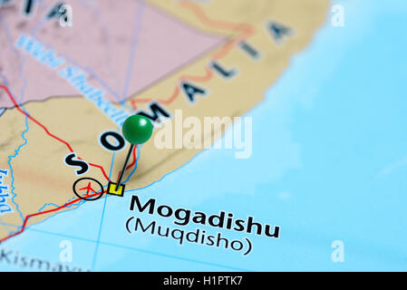 Mogadiscio imperniata su una mappa della Somalia Foto Stock