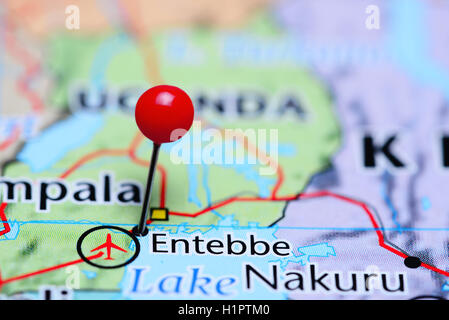 Entebbe imperniata su una mappa di Uganda Foto Stock