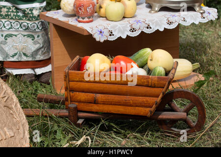 Fresche verdure raccolto consiste in un carrello di legno Foto Stock