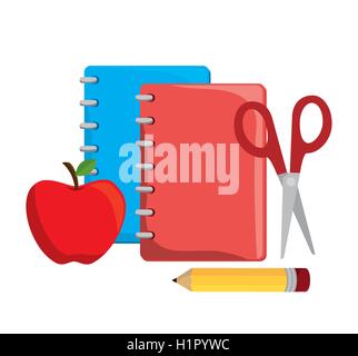 Cartoon rosso per notebook con forbici e matita di design di Apple Illustrazione Vettoriale