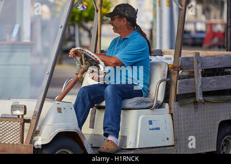 L uomo alla guida della sua Golf Cart In Avalon, Isola di Santa Catalina, California. Foto Stock