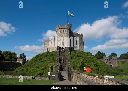 Il Castello di Cardiff tenere in un giorno caldo e soleggiato con cielo blu. Foto Stock