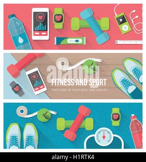 Fitness, esercizio fisico, la perdita di peso e la tecnologia set di banner con attrezzature sportive, bilancia, smartphone e guardare Illustrazione Vettoriale