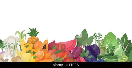 Colorato arcobaleno di frutta e verdura su sfondo bianco, mangiare sano e concetto di nutrizione Illustrazione Vettoriale