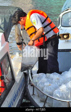 La città di Ho Chi Minh, Vietnam - Aprile 24, 2015: pesci sono conservati in sacchetti di plastica preparando per essere rilasciato nel fiume Saigon in Foto Stock