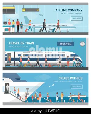Viaggi e trasporti banner set: la gente di affari e i turisti all'aeroporto, alla stazione ferroviaria e imbarco su un luxu Illustrazione Vettoriale