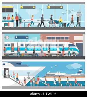 Viaggi e trasporti banner set: la gente di affari e i turisti all'aeroporto, alla stazione ferroviaria e imbarco su un luxu Illustrazione Vettoriale