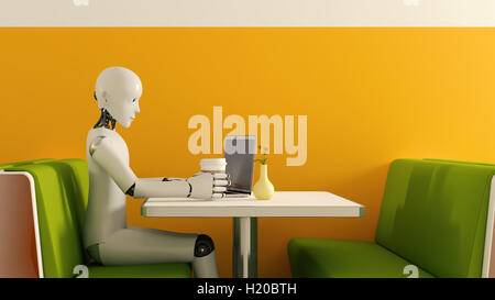 Robot con il laptop in cafe, rendering 3D Foto Stock